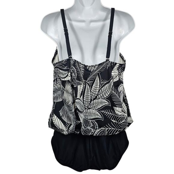 Maxine of Hollywood One Piece Blouson Swimsuit w/ Keyhole Black White Size 16 - Picture 4 of 10